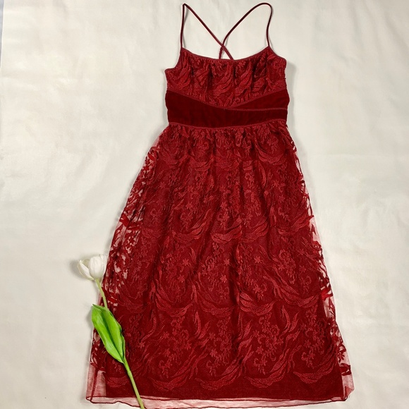 🌷MSSP Burgundy Floral Lace Midi Dress Garnet - Picture 3 of 8